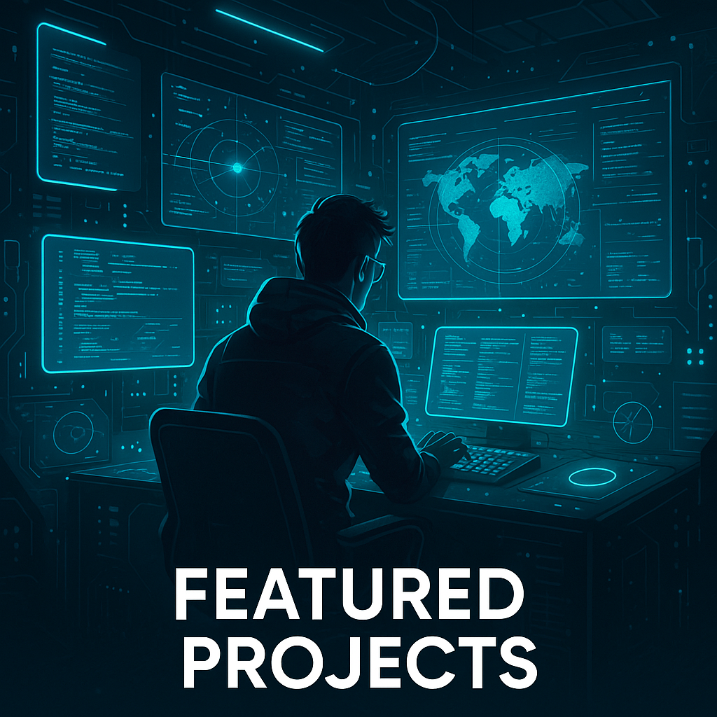 Developer at control center with code screens · Featured projects